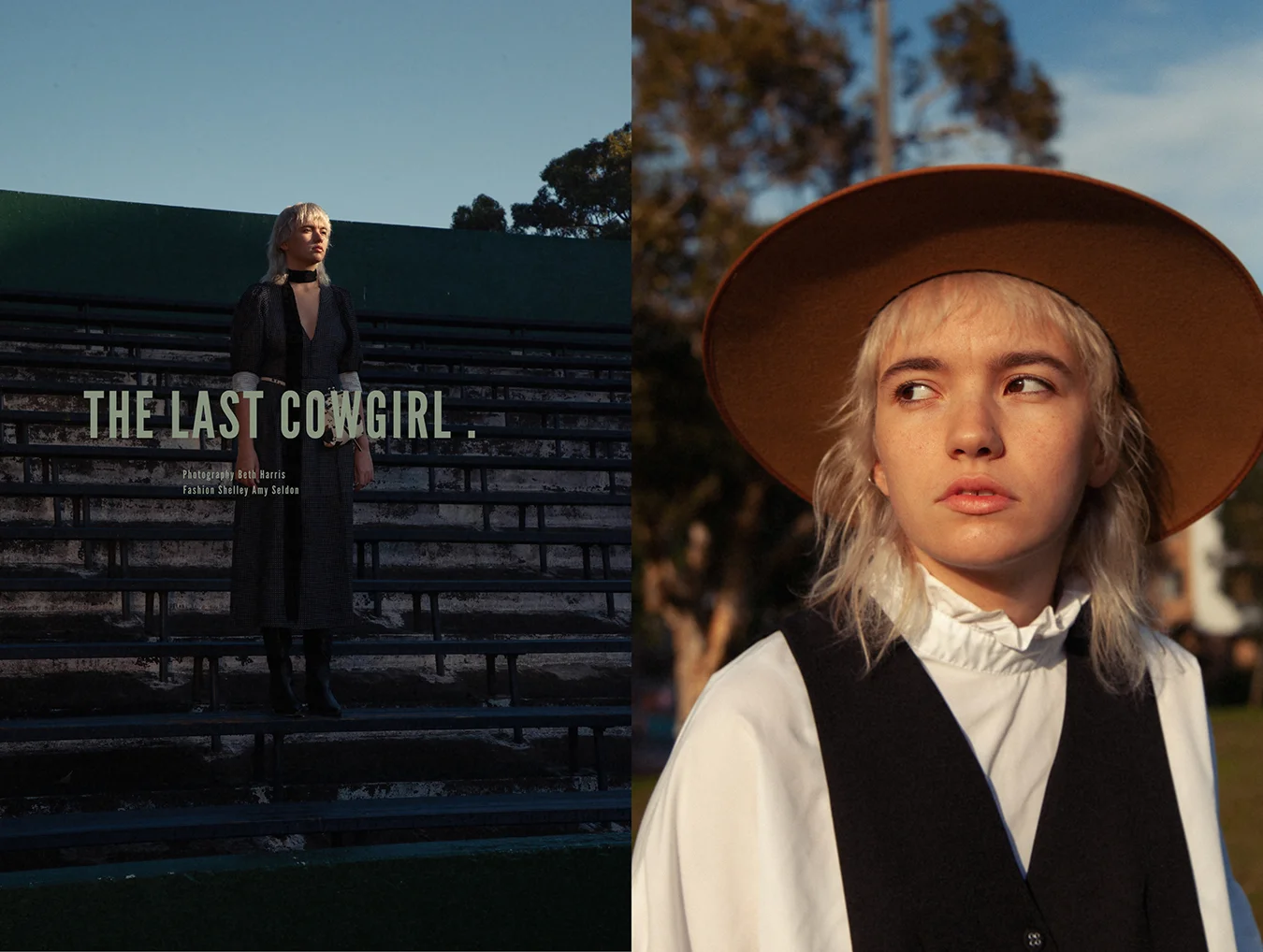 Left: Dress Vestire, Scarf ASOS, Boots Spurr, Belt Bag COUNTERACT Shop / Right: Boots Spurr, Waistcoat Stylist’s Own, Bike Shorts Stylist’s Own, Top Vintage, Hat Lack of Color