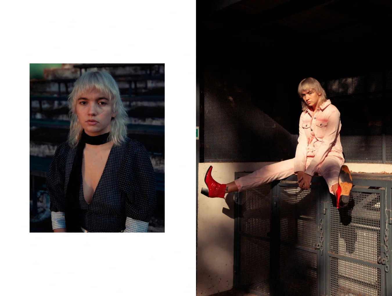Left: Dress Vestire, Scarf ASOS, Boots Spurr, Belt Bag COUNTERACT Shop / Right: Boots Model’s Own Ganni Boots, Hat Route 66, Boiler Suit Topshop