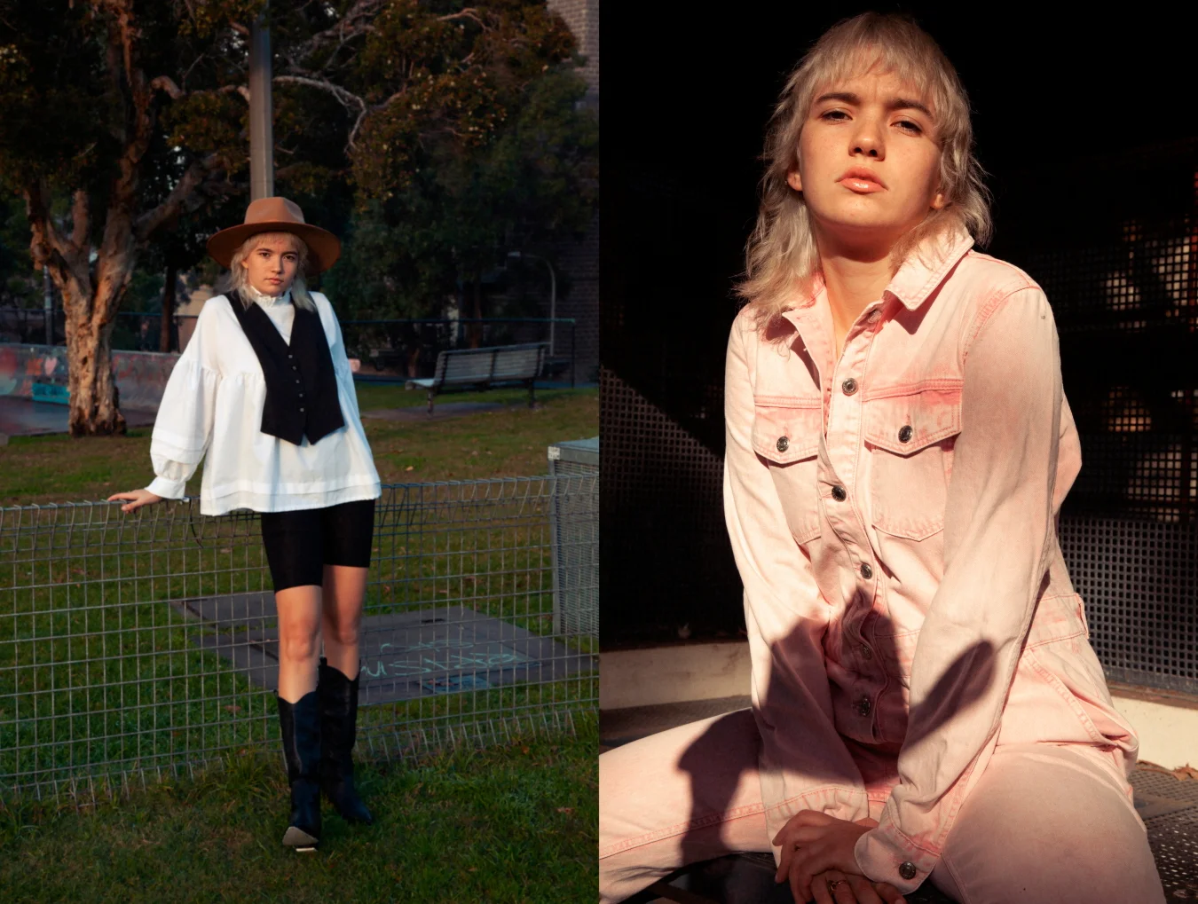 Left: Boots Spurr, Waistcoat Stylist’s Own, Bike Shorts Stylist’s Own, Top Vintage, Hat Lack of Color / Right: Boots Model’s Own Ganni Boots, Hat Route 66, Boiler Suit Topshop