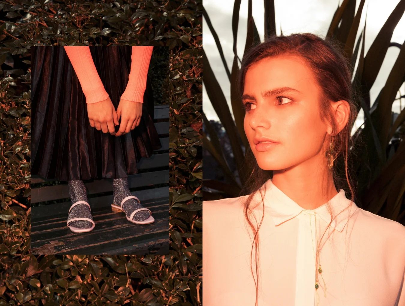 Left: Stylist’s own skirt and socks , Jagger shoes / Right: Stylist’s own shirt earrings and necklace