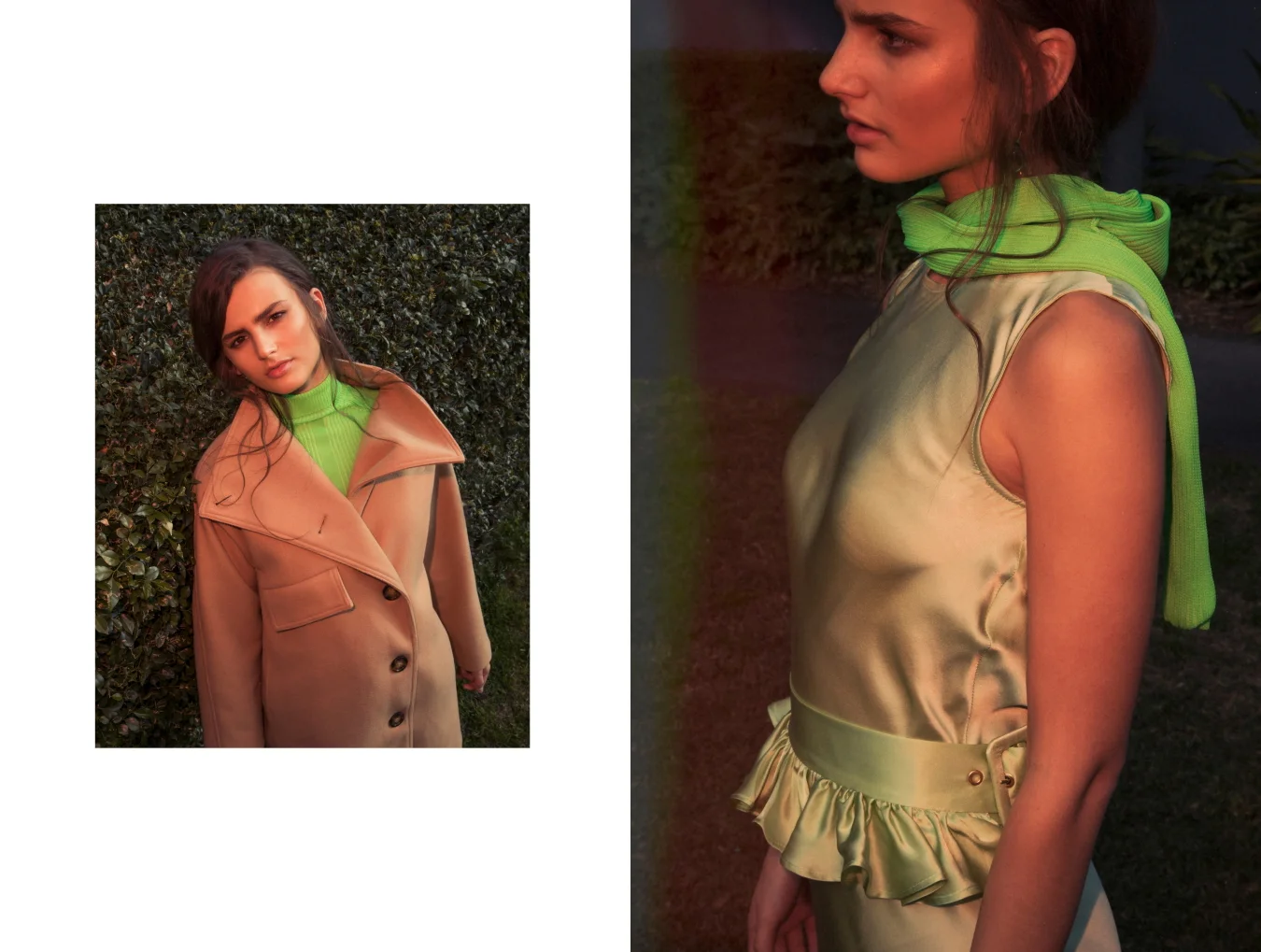 Left: Acne studios coat, Acne Studios Top , Acne Studios pants / Right: Maggie Marilyn dress
