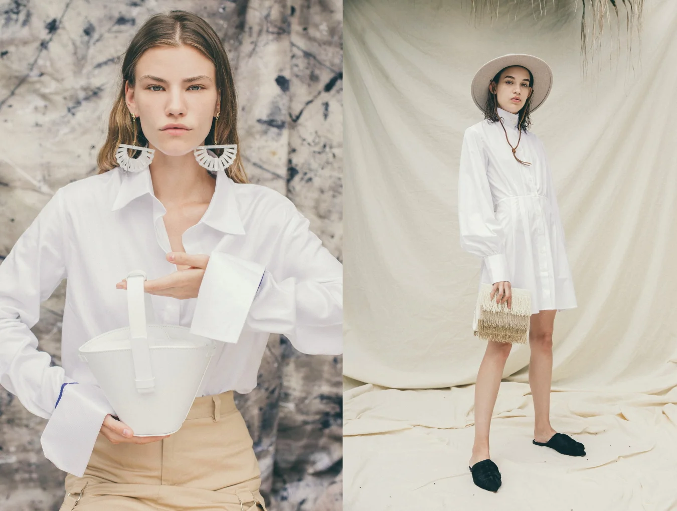 Left: Shirt Anna Quan, Skirt Missguided, Bag Nico Giani, Earrings Cult Gaia / Right: Dress Anna Quan, Hat Brixton, Shoe MNG, Bag From St Xavier