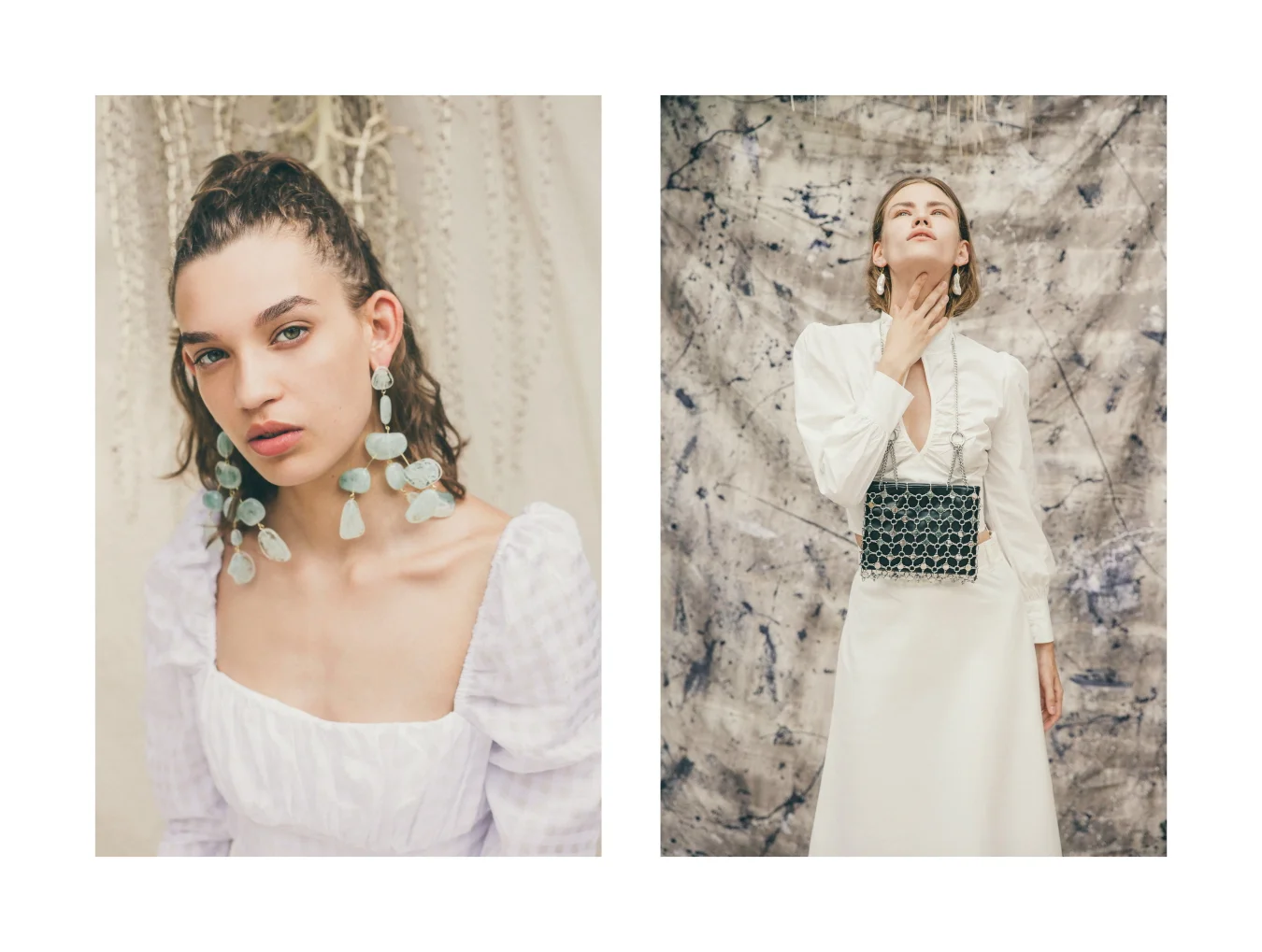 Left: Top The East Order, Earrings Cult Gaia / Right: Shirt Dazie, Skirt Sportmax, Bag Topshop, Earrings Reliquia