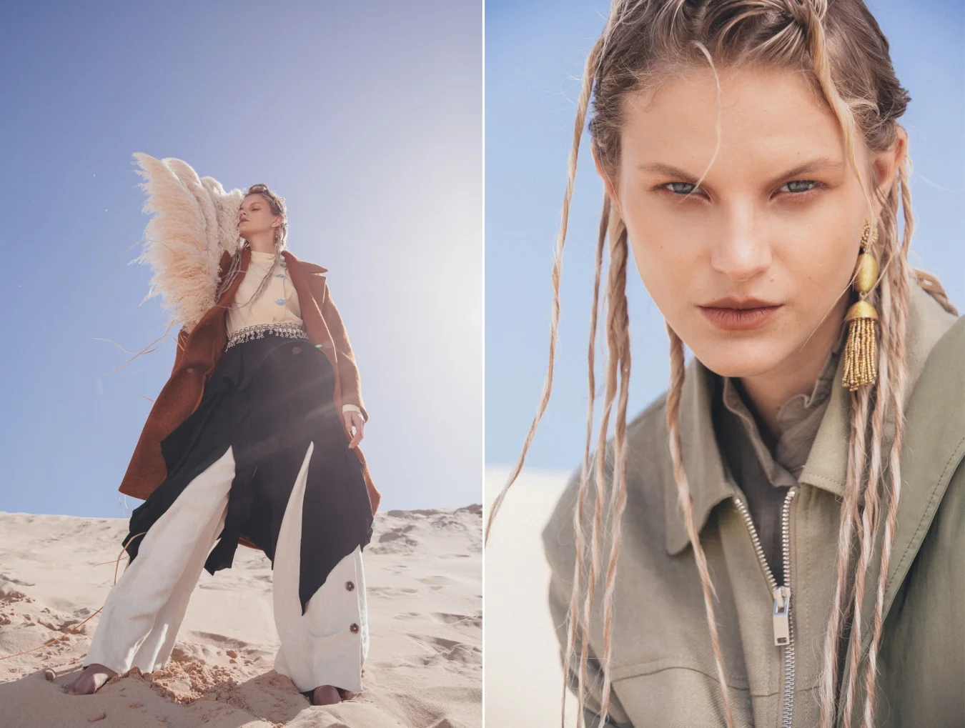 Left: Coat Mango, Top Mango, Skirt Kitx, Belt Vintage, Pants Shona Joy / Right: Shirt Zara, Short Jacket Zara, Trench Jac + Jack, Skirt Zara, Scarf Vintage