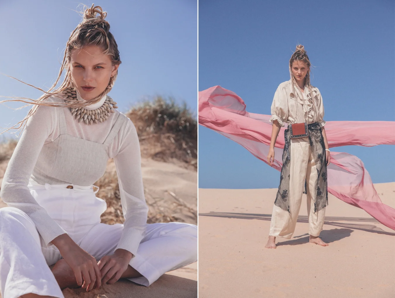 Left: Skivvy Topshop, Top Florence The Label, Pants Florence The Label, Necklace Tree Of Life / Right: Dress Kinga Csilla, Pants Joseph, Bag Maison Scotch