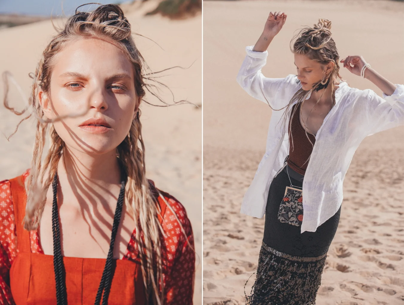 Left: Top Stylist own, Jumpsuit Florence The Label / Right: Shirt Jac + Jack, Swim Hunza G, Earrings Baublebar, Skirt Romance Was Born, Bag Vintage