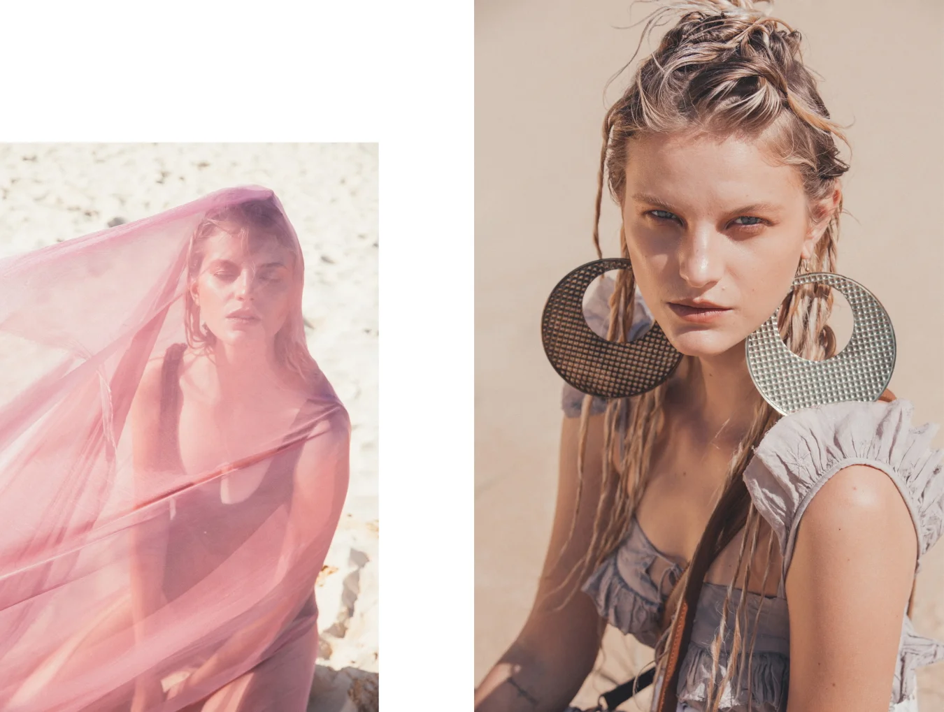 Left: Swim Hunza G / Right: Earrings Tree Of Life, Dress Kinga Csilla, Bags Poolside