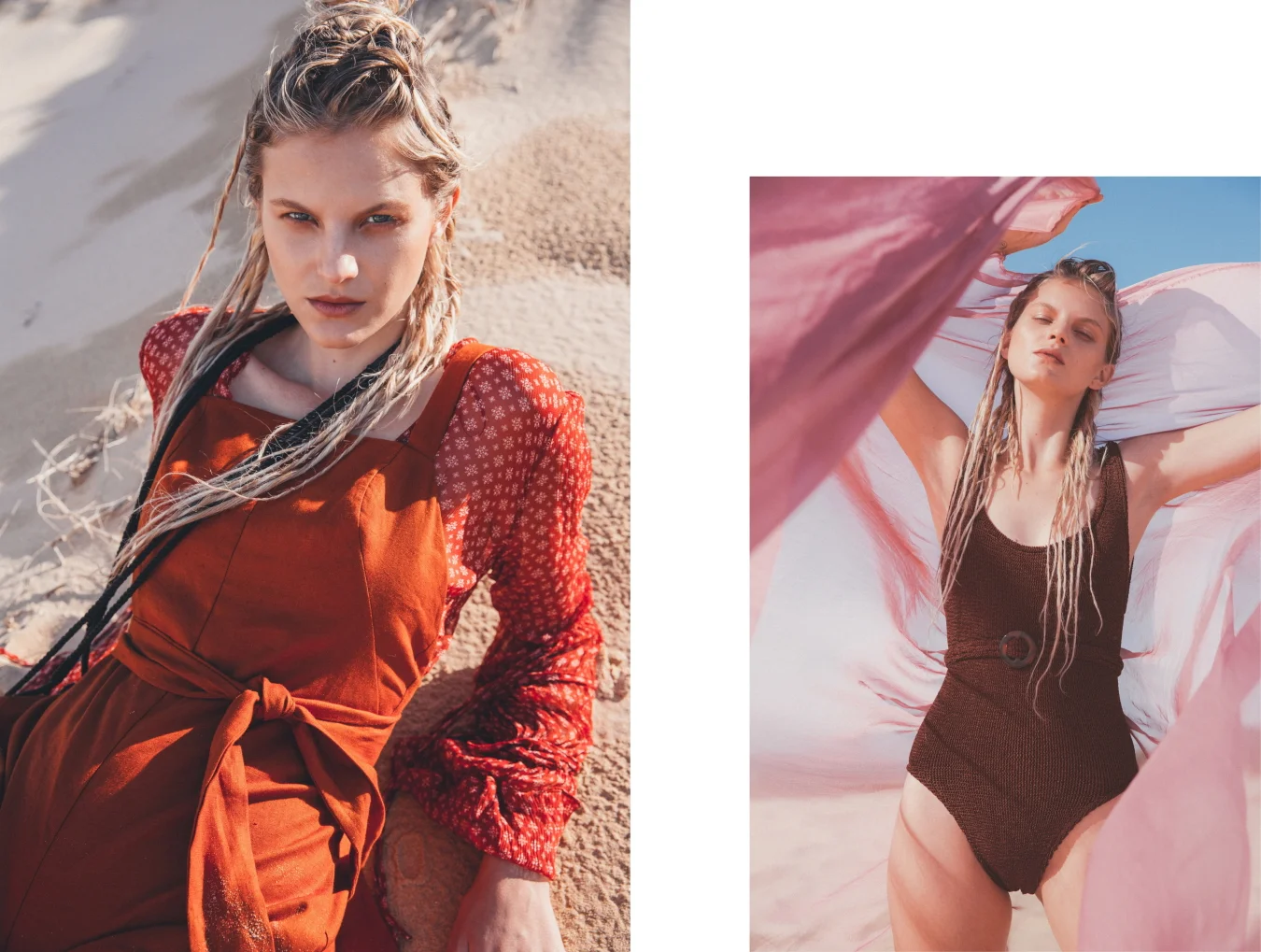 Left: Top Stylist own, Jumpsuit Florence The Label / Right: Swim Hunza G