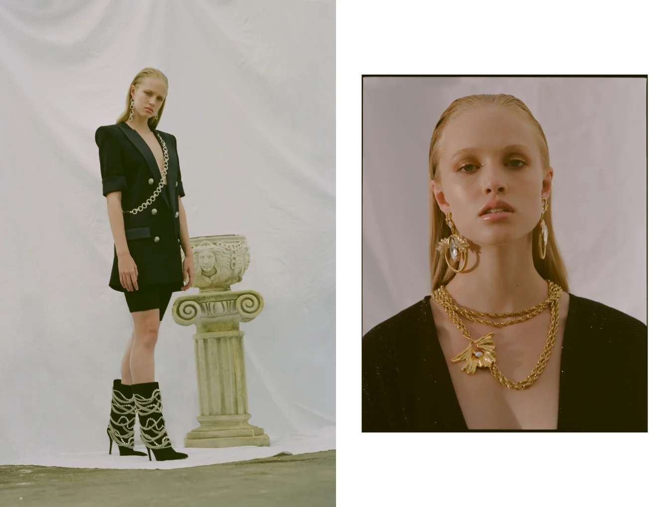 Left: Balmain Blazer Dress, Guiseppe Zanotti Boots, Balyck Earrings & Harness // Right: Alexandre Vauthier Dress, Balyck Earrings & Necklace