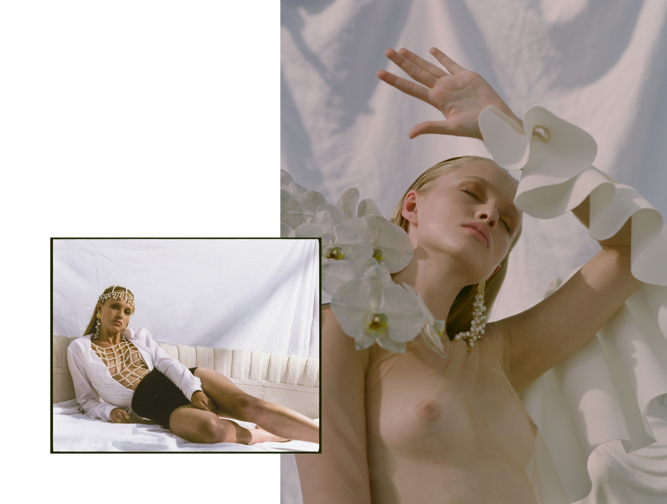 Left: Balyck Couture Bodysuit & Headpiece, Shirt & Shorts Stylists own // Right: Mariam Seddiq Top, Balyck Earrings