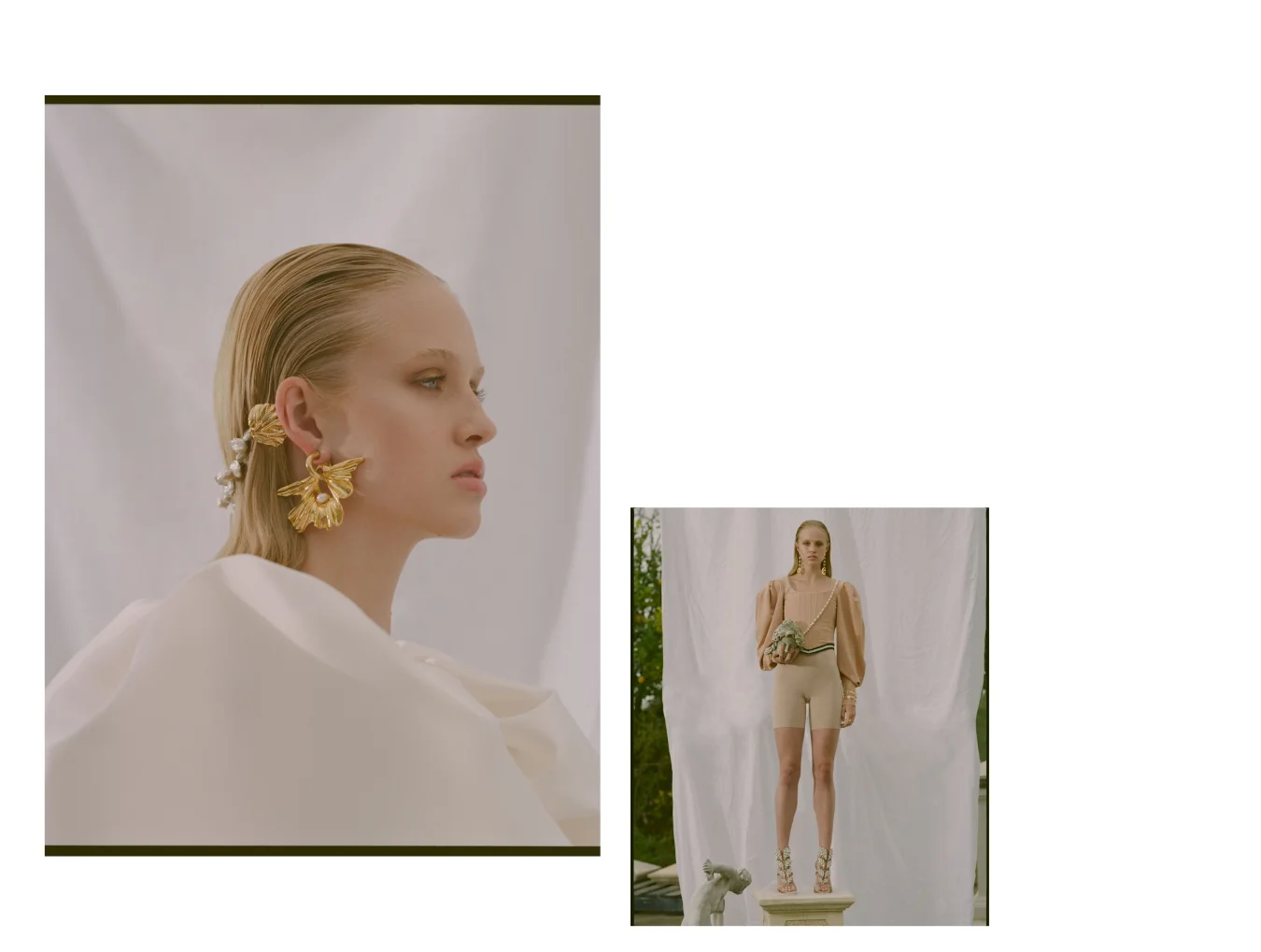 Left: Mariam Seddiq Top, Balyck Earrings & Harness // Right: Guiseppe Zanotti Shoes, Mariam Seddiq Top, Balyck Earrings & Harness, Stylist own Bike shorts