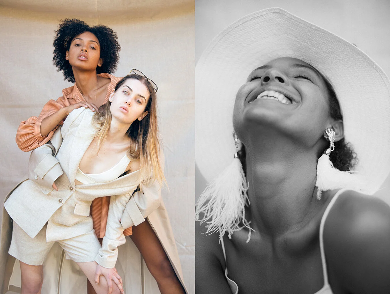 Left: Maeve: Jacket and shorts Vestire, Bikini top Seafolly, Specs Kate Sylvester, Shoes COS // Soraya: Dress Significant Other, Necklace Reliquia, Coat COS // Right: Top Ella Collective, Earrings Balack, Hat COS