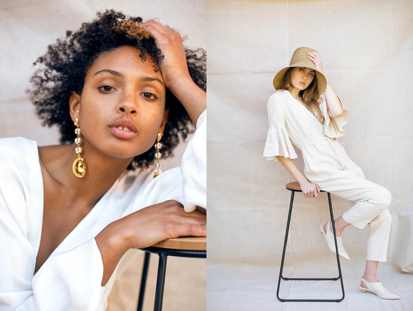 Left: Jacket Shona Joy, // Right: Jumpsuit Shona Joy, Necklace Balack, Hat and shoes COS