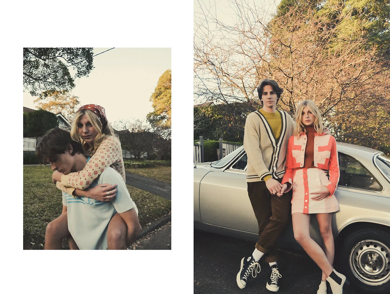 Left: Jeremey: Top Stylist’s own, Vintage via Etsy, Pants Burberry, Shoes Converse High Top 1970’s limited edition // Miley: Top Stylist’s Own, Vintage via Etsy, Skirt Zara, Shoes Converse All Stars High Top // Right: Jeremey: Top Zara, Pants Ralph …