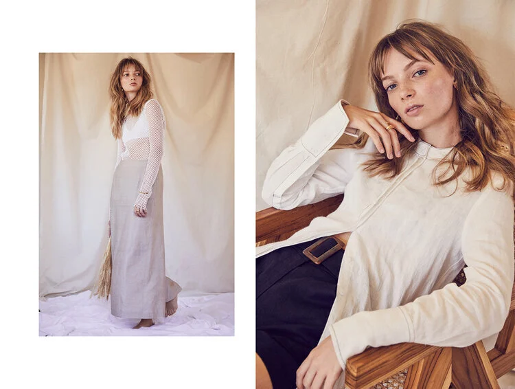 Left: Top Kate Sylvester, Skirt Max Mara, Bralette Bonds, Bracelet Reliquia // Right: Shirt and Shorts Jillian Boustred, Ring Reliquia, Bralette and Necklace stylists own