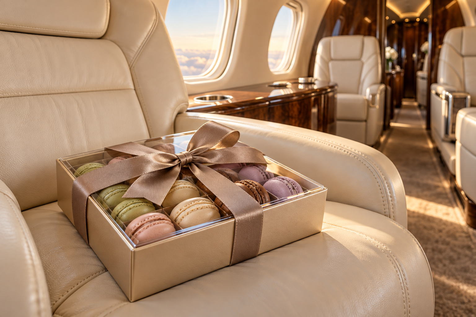 A box of colorful macarons with a satin ribbon on a beige leather seat inside an airplane cabin.