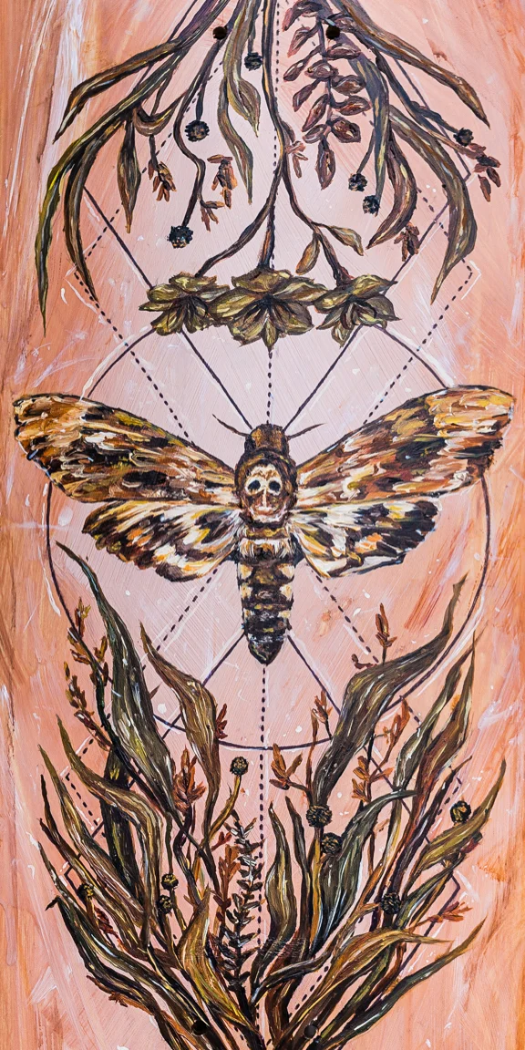"DEATH MOTH" 2017 - ACRYLIC, OIL & INK ON WOODEN SKATEBOARD DECK