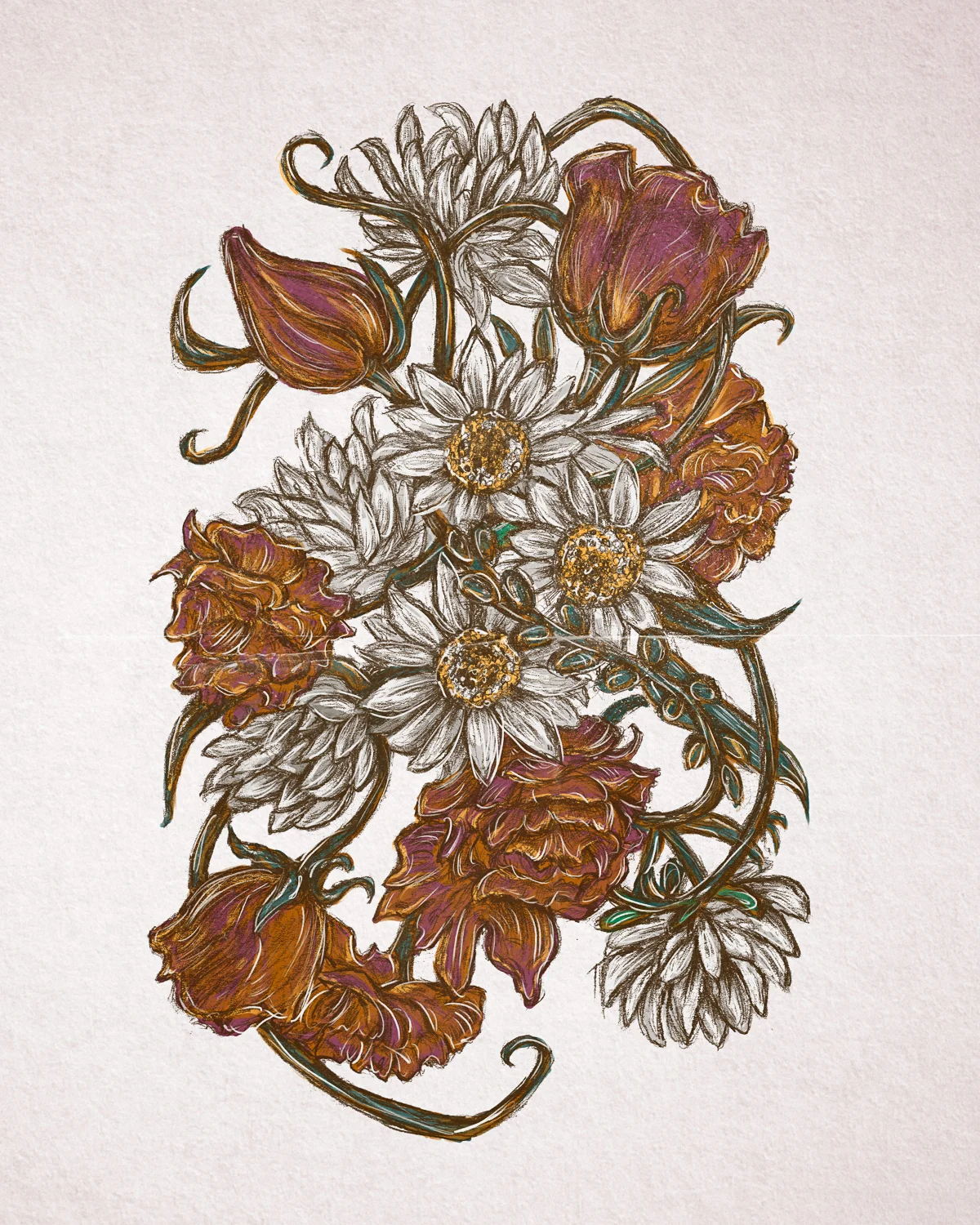 "BOUQUET" 2018 - GRAPHITE ON PAPER, DIGITALLY COLORED