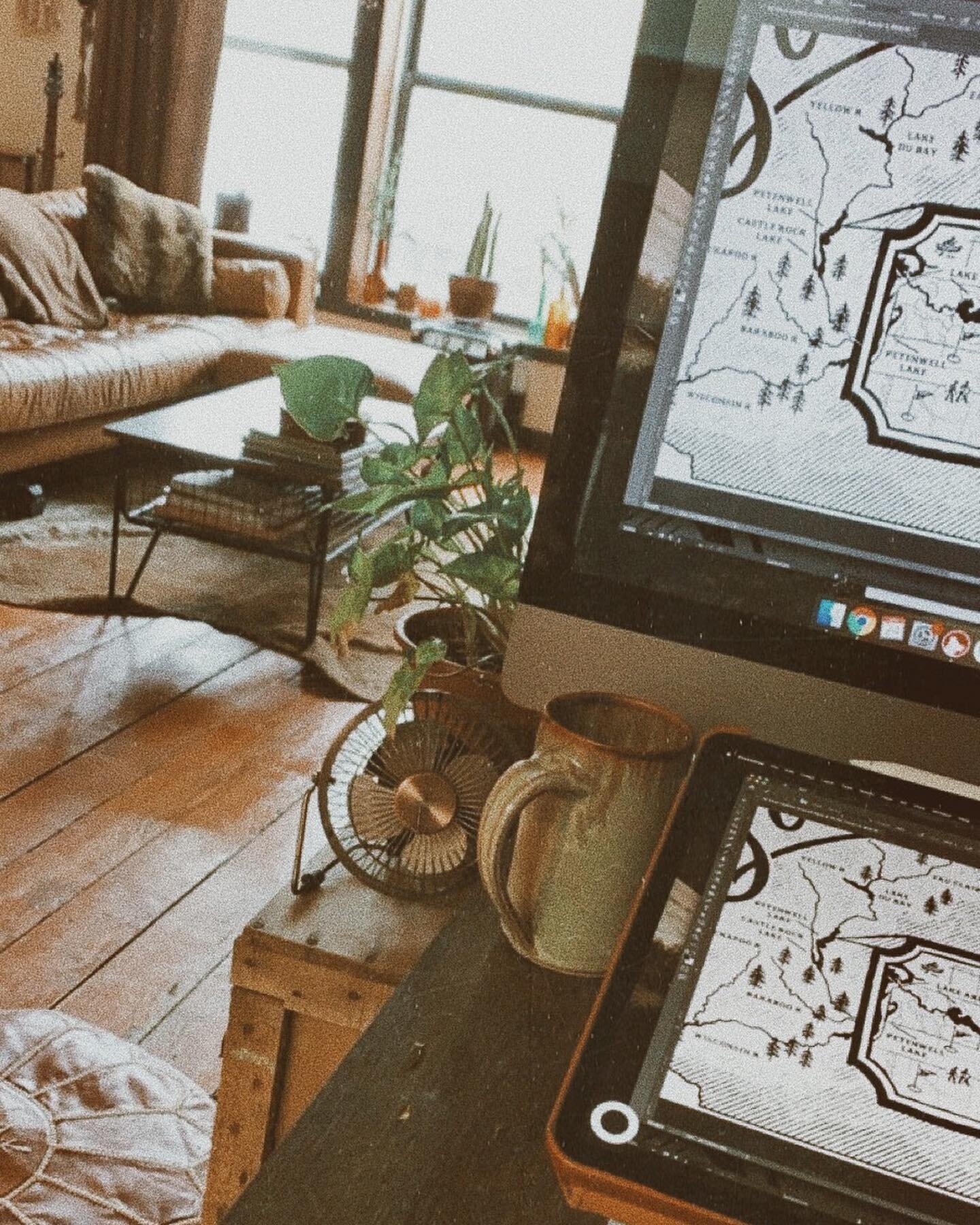 Old workspace setup. 🌿Miss the rustic vibe of this historical apartment &amp; the huge brick wall &amp; original smoke-shop mural. 

The second image shows puppy Remy trying to prevent me from working by stealing my seat 🤪🧡