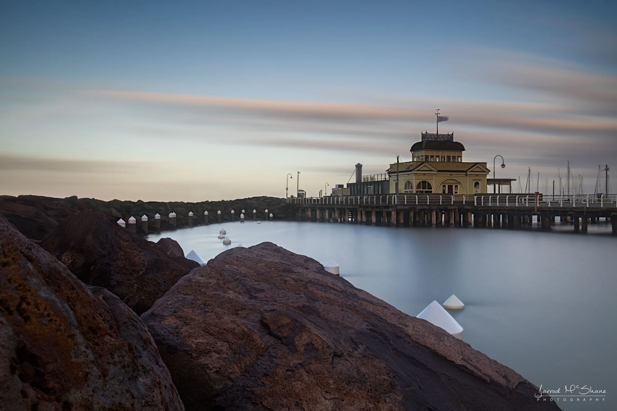 Little Blue Kiosk on the St Kilda pier as seen from the breakwater