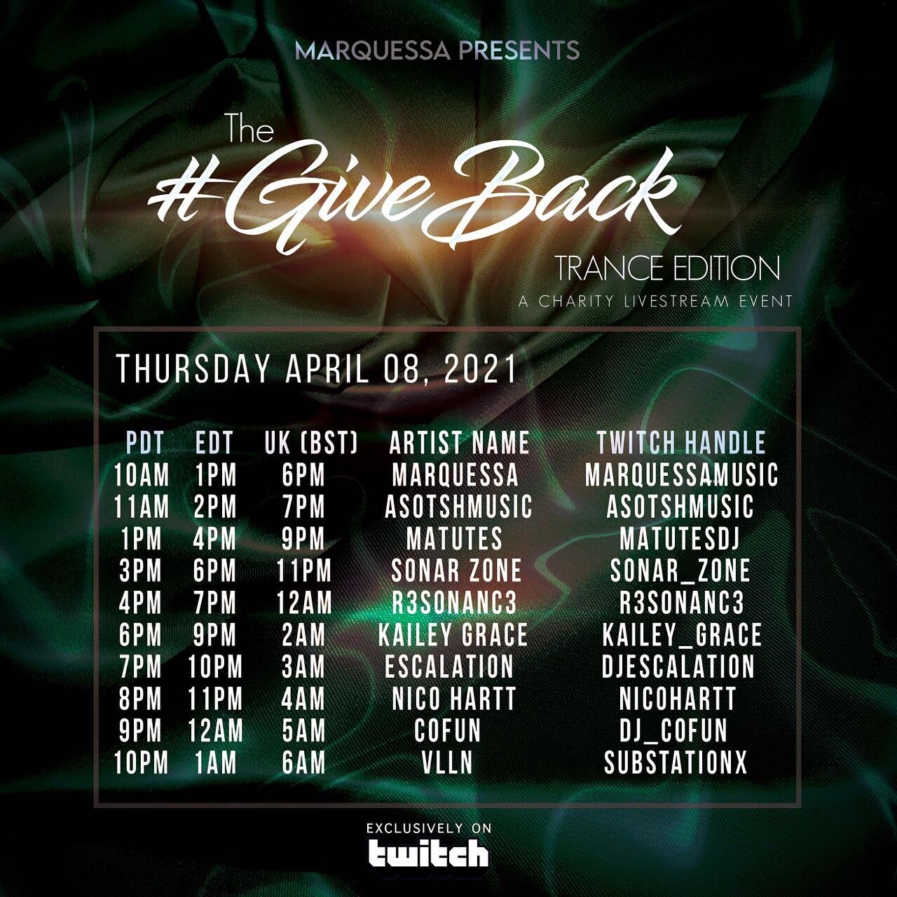 Top of the hour 10am PDT @marquessamusic #giveback #trance charity event! 🎶🙏🏼🎶 my set is at 7pm PDT raising $ for the Coronavirus Respond Fund for Nurses 👩🏻&zwj;⚕️👨&zwj;⚕️ 
.
.
www.twitch.tv/djescalation
.
.
#trance #trancebutter #djescalation