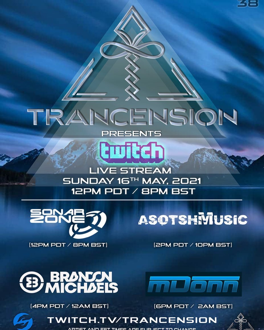 @trancension Sundays episode 38 incoming! 🚀🎶🙌🏼 feat. @sonarzone @asotshmusic @brandonmichaelsmusic @mdonnmusic 🔊🎶🔥 
.
.
www.twitch.tv/trancension
.
.
#trance #trancension #trancefamily #trancefamilysd #trancefamilyla #trancefamilysf #trancefam