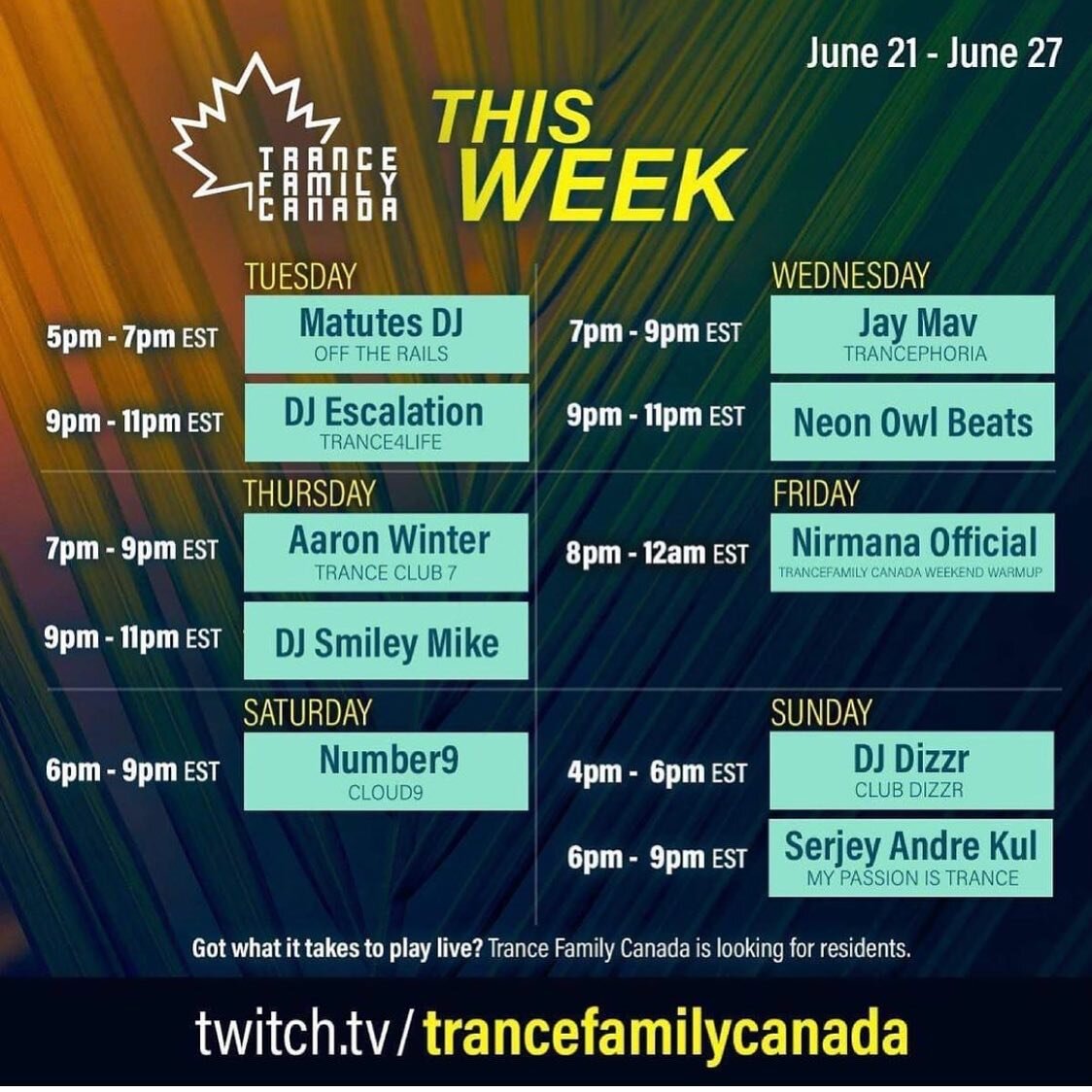 So excited for my debut on @trancefamcan tonight!! 🇨🇦🍁🎶🙌🏼 hope you see you there! We launch at 6pm PDT! 🚀
.
.
www.twitch.tv/TranceFamilyCanada
.
.
#trance #trancebutter #djescalation #trance4life #trancefamily #trancefamilysd #trancefamilyla #