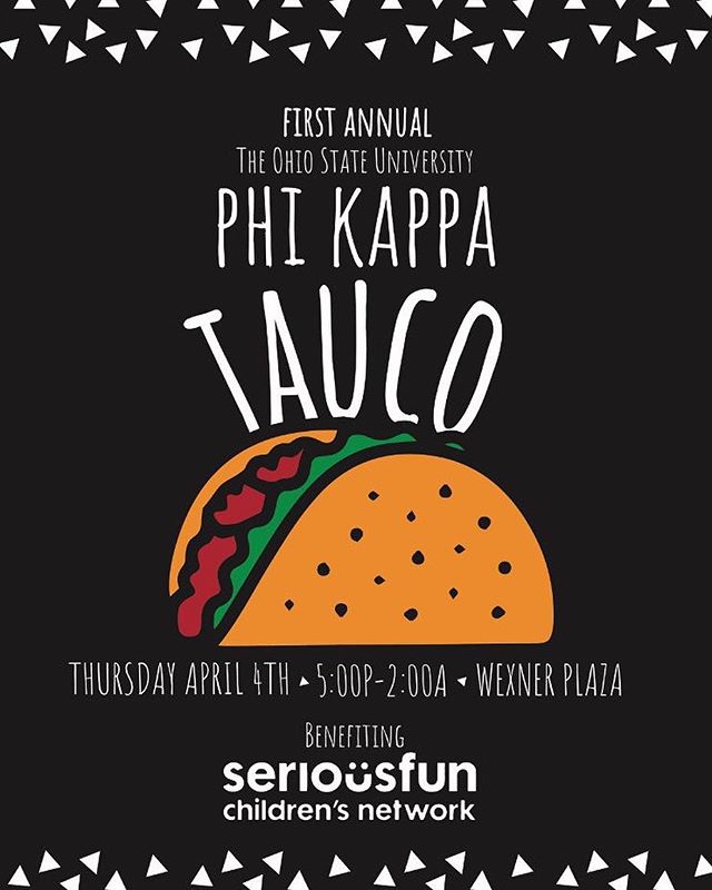 🌮🌮Announcing the first annual Phi Kappa Tauco!! 🌮🌮 Thursday April 4 from 5pm-2am, come come buy some delicious Taucos on the Wex Plaza and help support our philanthropy, SeriousFun Children’s Network.