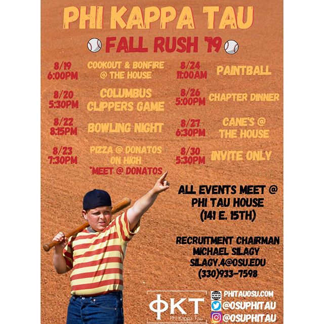 The time has come and the schedule is out: OSU Fall Rush 2019
The Best go Greek and the Best Greeks go Phi Tau.
#FallRush2019 #OhioState #PhiKappaTau