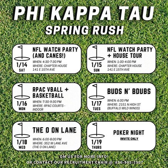 SPRING 2023 RUSH SCHEDULE

Brothers of Phi Kappa Tau are stoked to meet all the PNMs this coming semester! If you have any question please feel free to reach out to the our recruitment chairs: @brett_herron and @chris_townsley510 

See you all there!