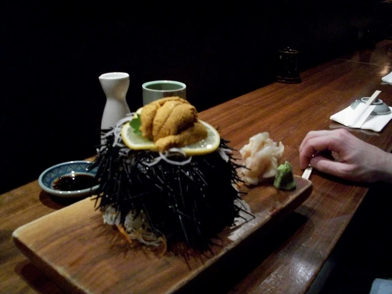 This is what it looks like when you get Sea Urchin at Blue Ribbon Sushi in Brooklyn. Do it when you’re on a date because it is a truly filthy (and delicious) piece of food. Also: when you leave, all the chefs say goodbye in an extra-respectful tone.