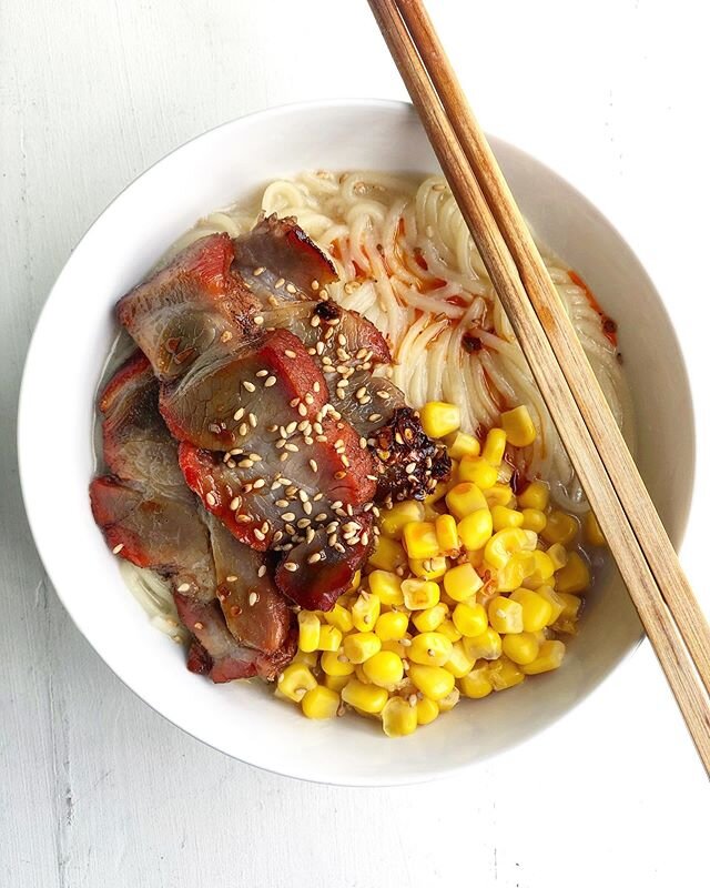 Lately I&rsquo;ve been craving a big bowl of ramen topped with succulent char siu (Chinese BBQ pork), buttered corn, and chili oil&mdash; and boy, did it hit the spot 🐷🍜🌽🌶
.
.
.
What are your favourite ramen toppings?
.
.
.
.
.
.
.
.
.
#ramen #no
