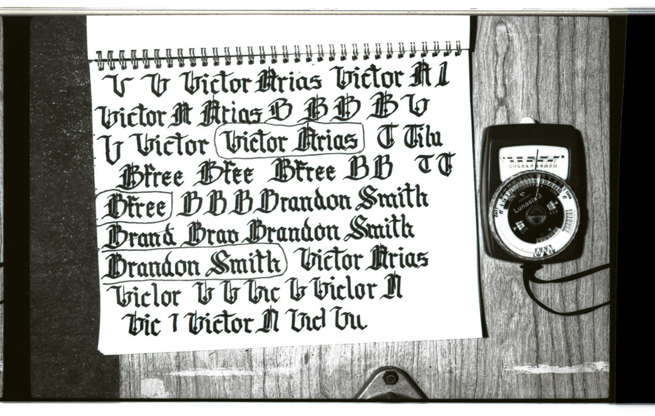 The titles of the project were all drawn by hand by Pablo Partida. They were then photographed onto black and white hi-contrast print film and digitally scanned for the book as well as superimposed onto the film. 