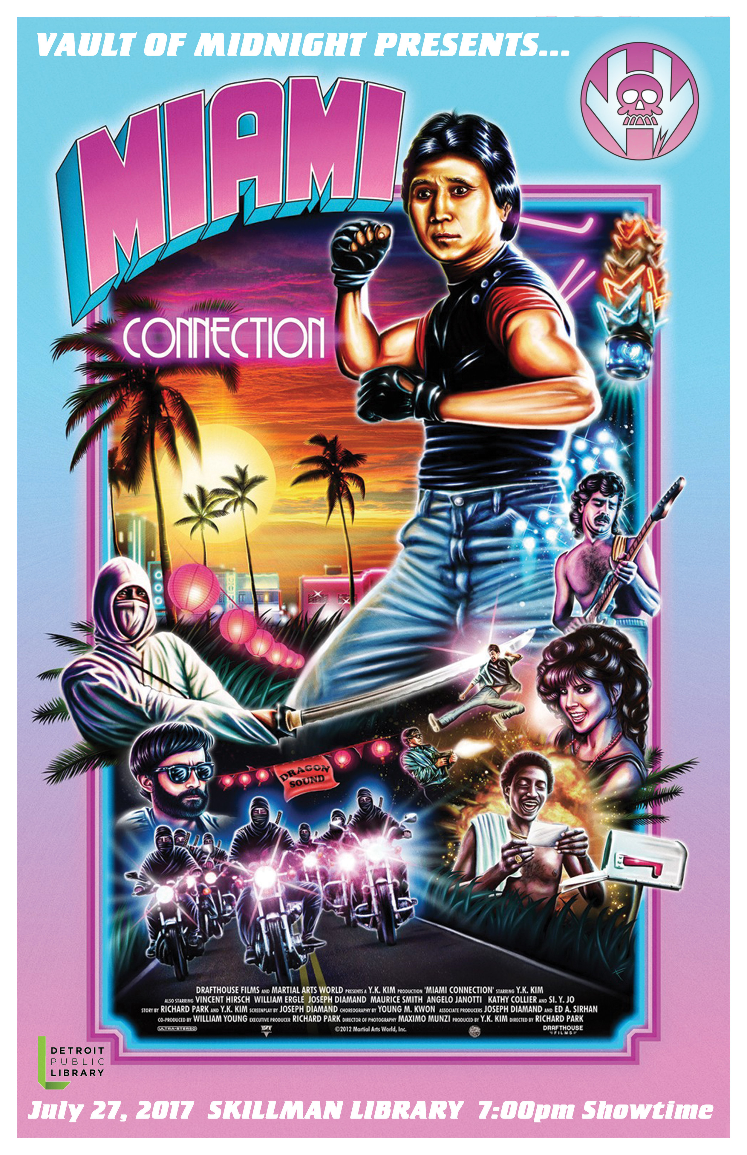 Vault of Midnight is returning to the Skillman Library on July 27 to screen one of our favorite cult films, The Miami Connection! Not only is entry free, but so is the popcorn! Come cheer on Dragon Sound, a local college band, as they fight against ninja drug dealers trying to take over their club! Showtime is at 7:00 pm! Watch the Trailer Here!