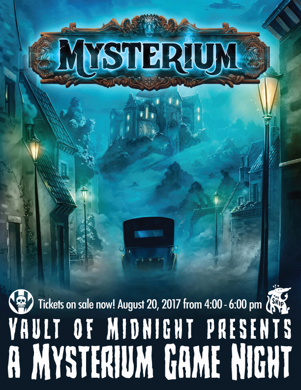 Vault of Midnight in Detroit is putting a call out to all local ghost hunters! We sense the supernatural presence of a deceased murder victim! This ghost is trying to send us messages to aid in solving their murder, but we will need your help to decipher the messages! Join us at the Skip Bar right behind Vault of Midnight on Sunday August 20th to take part in playing one of our most favorite board games, Mysterium! A $5 ticket will reserve your seat at the table and can go towards a purchase of the game.