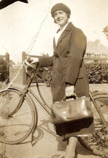 Midwife Lucy Ford with her Bike c. 1940s.