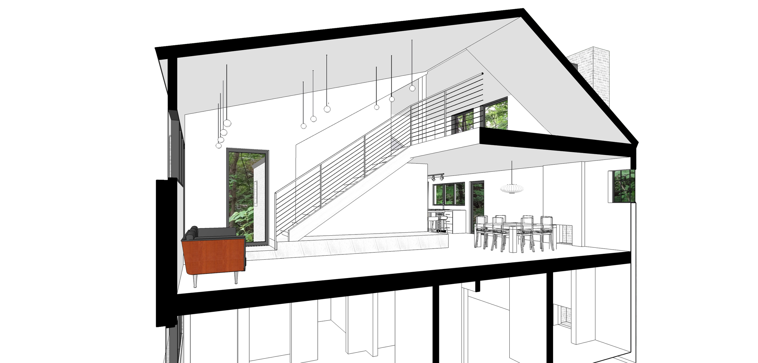 SECTION SHOWING THE NEW OPEN DOUBLE CEILING SPACE 
