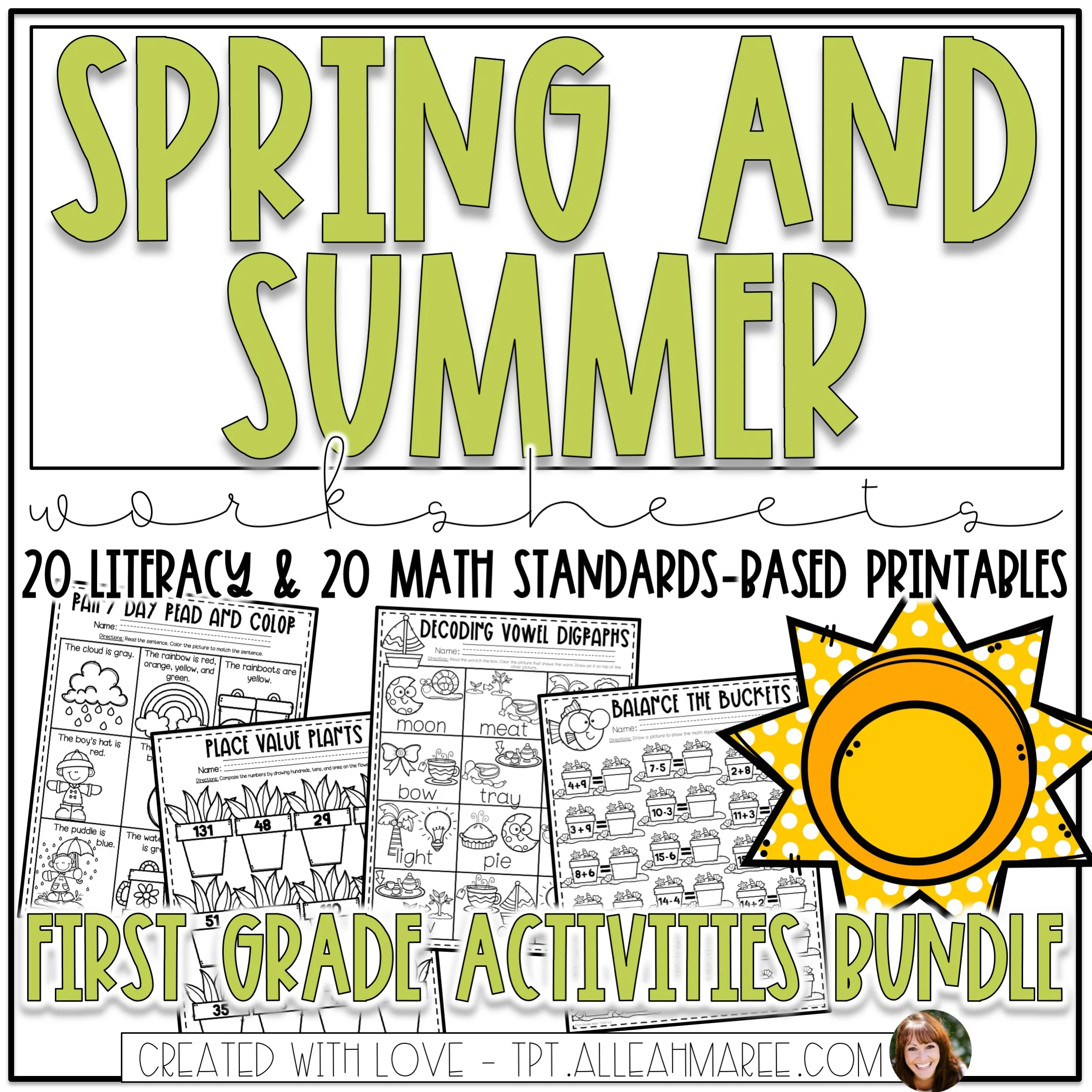 Spring &amp; Summer Worksheets Bundle for First Grade: Literacy and Math Printables