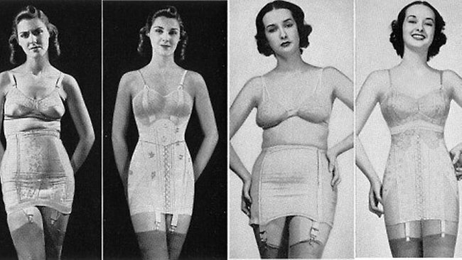 Vintage foundation garments are the key to having vintage clothing hang  right and fit well. From top a Bali longline bra, an ad for Warner's  original Merry Widow bottom Warner's original Merry