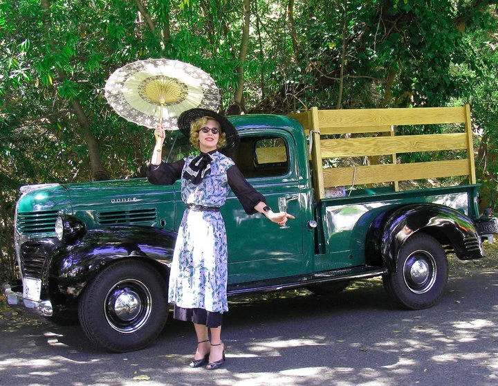 Designer Theresa LaQuey at Gatsby Summer Afternoon wearing a Vintage gown of her creation using vintage fabric.