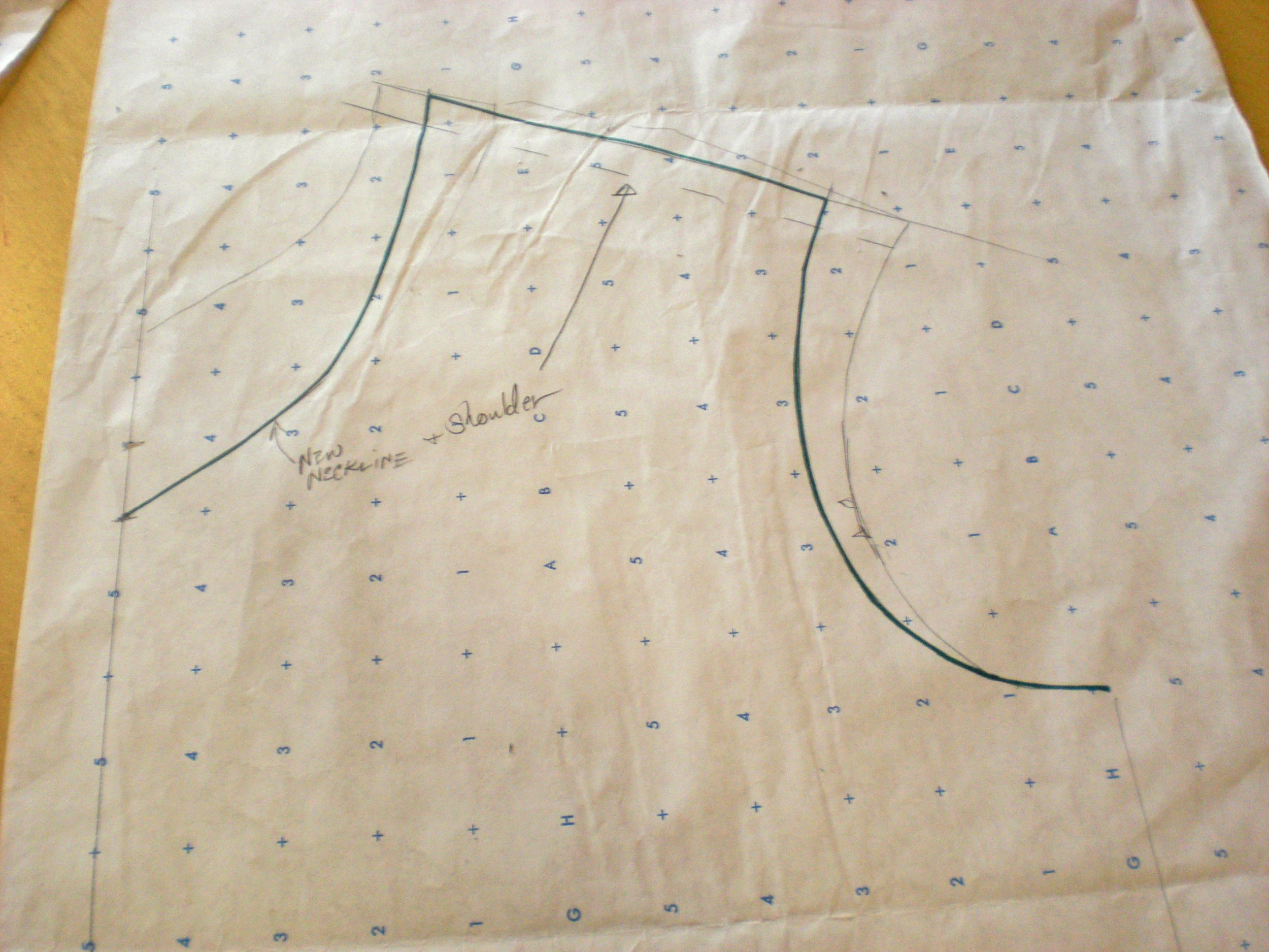 Drop front neckline and adjust shoulder (removing fullness for gathers), by making neck width wider and shoulder narrower.