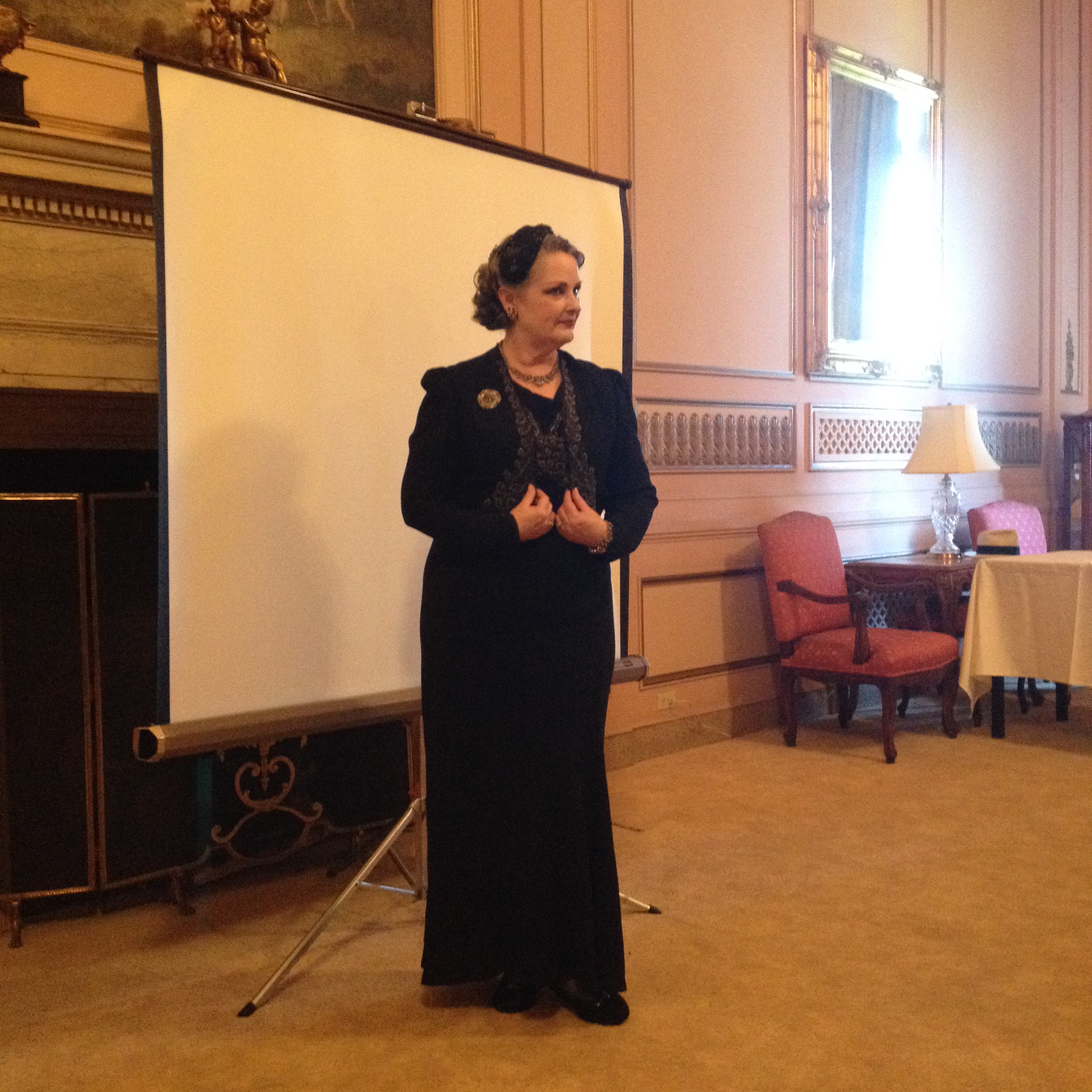 Sara Klotz de Aguilar in a Black 1930's Dress and Jacket
