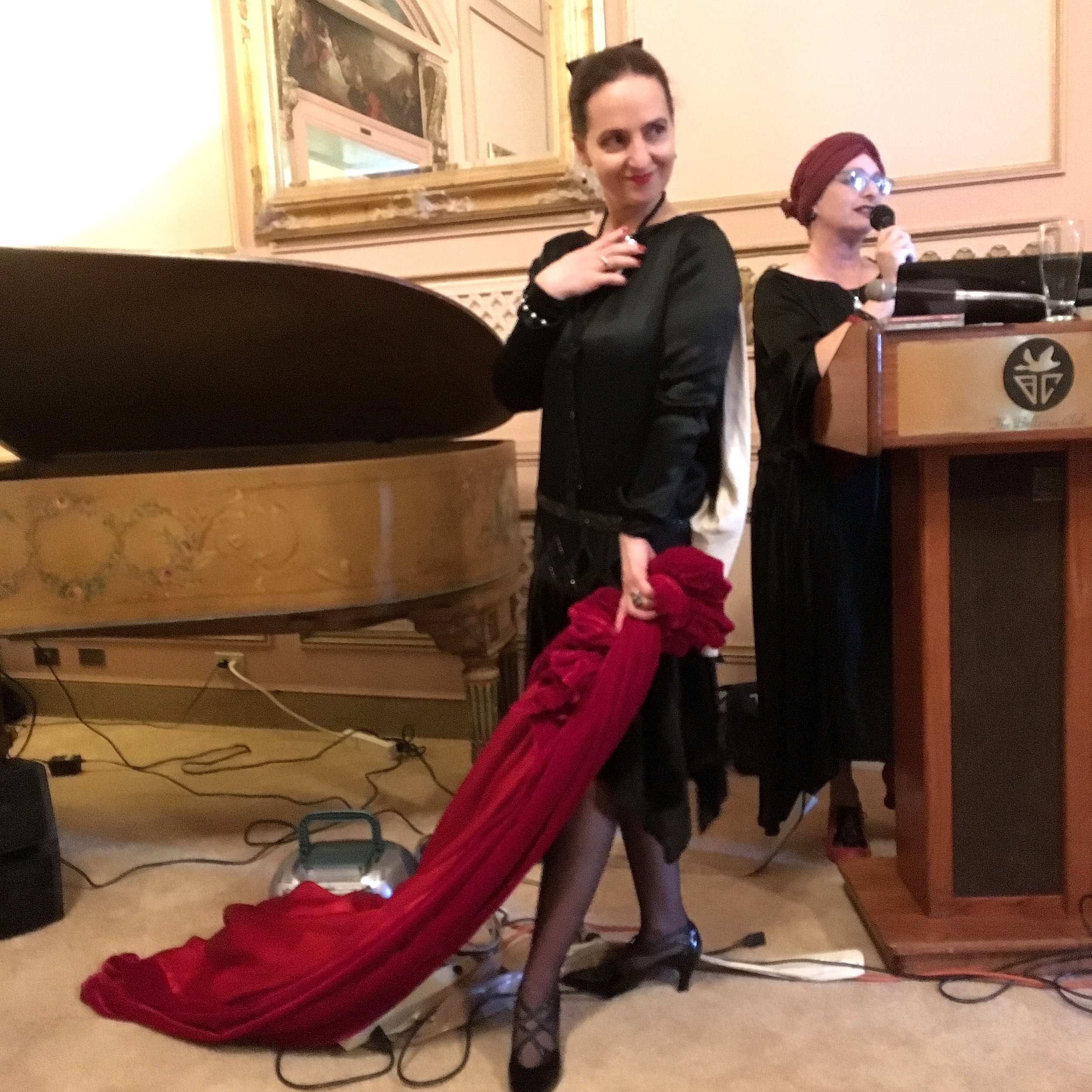 Chocolatiere Leah Vass and her Vampy red velvet cape & 1920's black evening frock