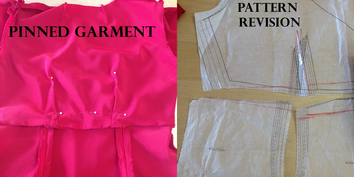 This is the pattern revision for the back bodice. The red lines indicate the pattern adjustments.