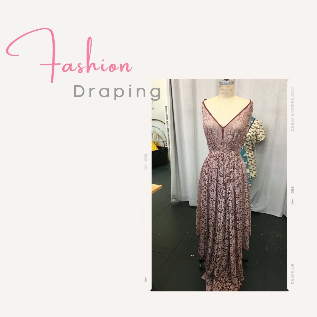 Draping your ideas on the dress form is fun! 

This allows you to address the curves of the body as you create and come up with solutions through pinning. This lovely deep V lace dress design was from a student in our Fashion Studies program.