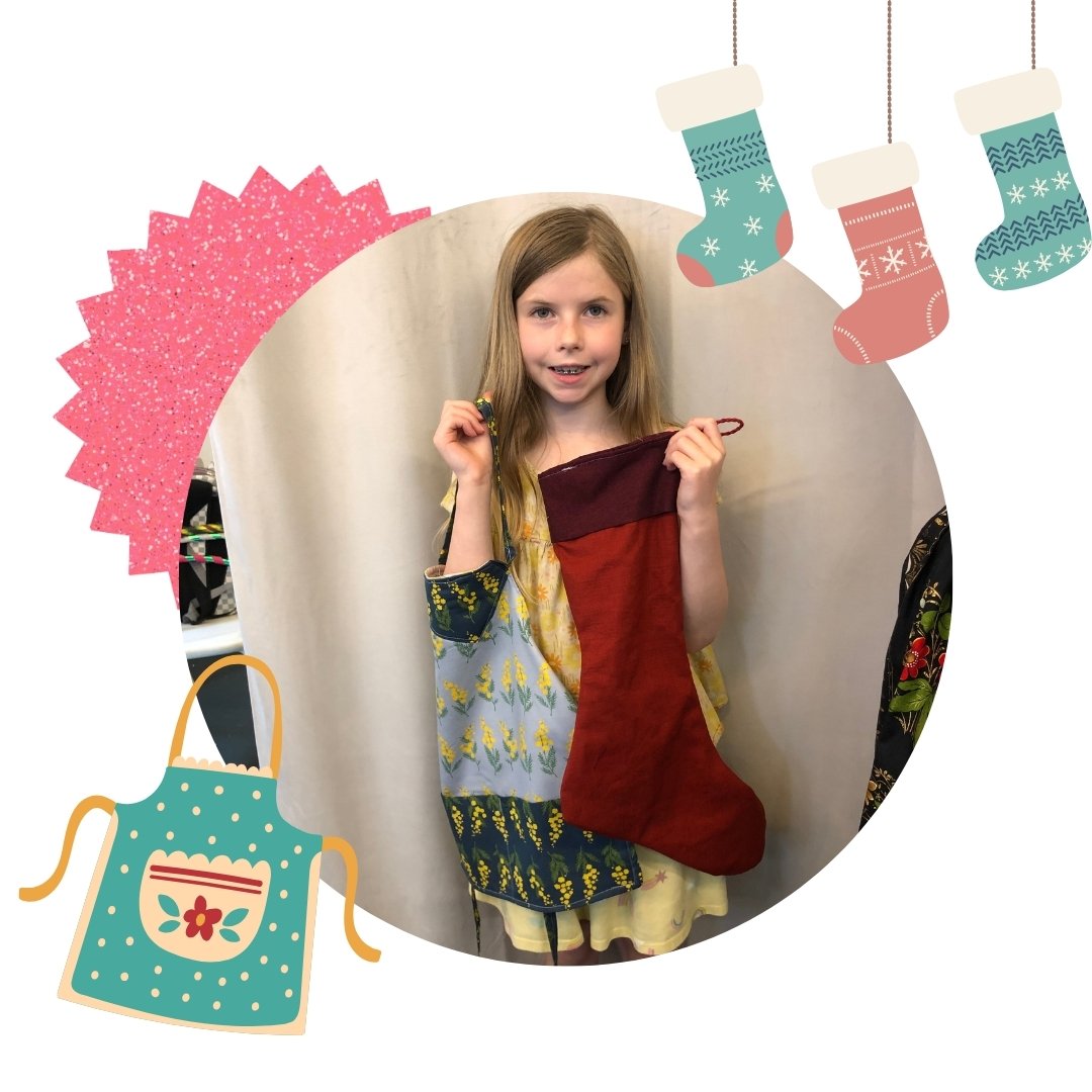 Proud #StudentSpotlight on Sydney, who sewed the cutest mini apron we have ever seen (for her little sister) during our Spring Break sewing camp. 

In addition to that, she also finished a big stocking that is ready for presents. It's bigger than the