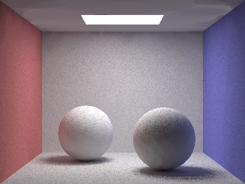 Same scene with 8x8 stratified sampling, irradiance caching, double pass, and rotational irradiance gradients (first pass time 12.2244s, second pass time 7.0216s)