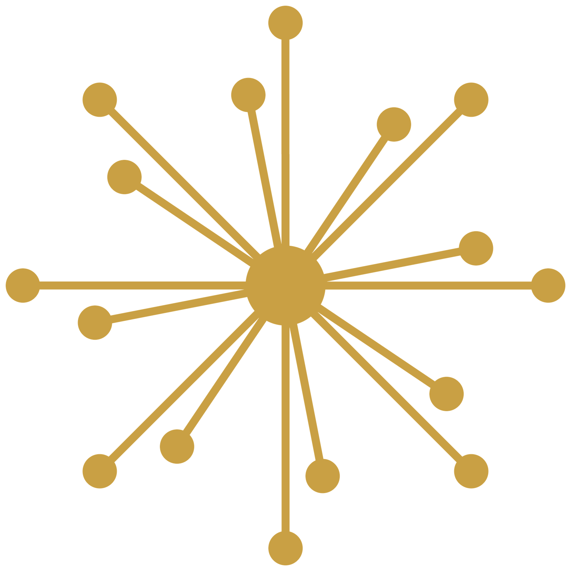 Gold network hub icon with a central circle and radiating lines ending in smaller circles on a black background