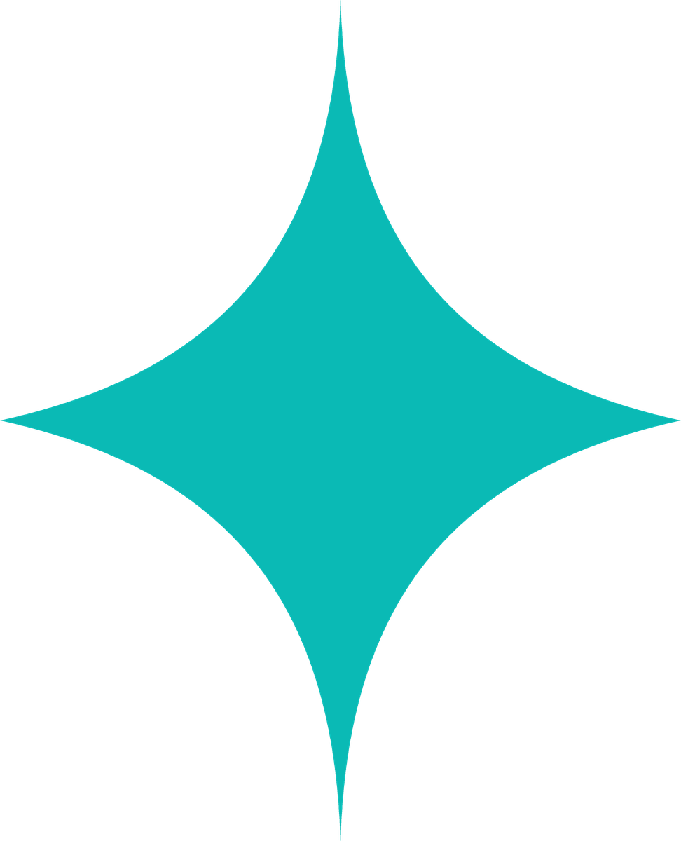 Turquoise four-pointed starburst shape on a black background