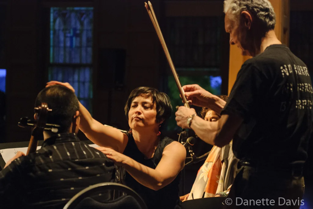 L-R: Loren Kiyoshi Dempster, Stuart Dempster, and Margaret Sunghe Paek, 2016 , at The Chapel